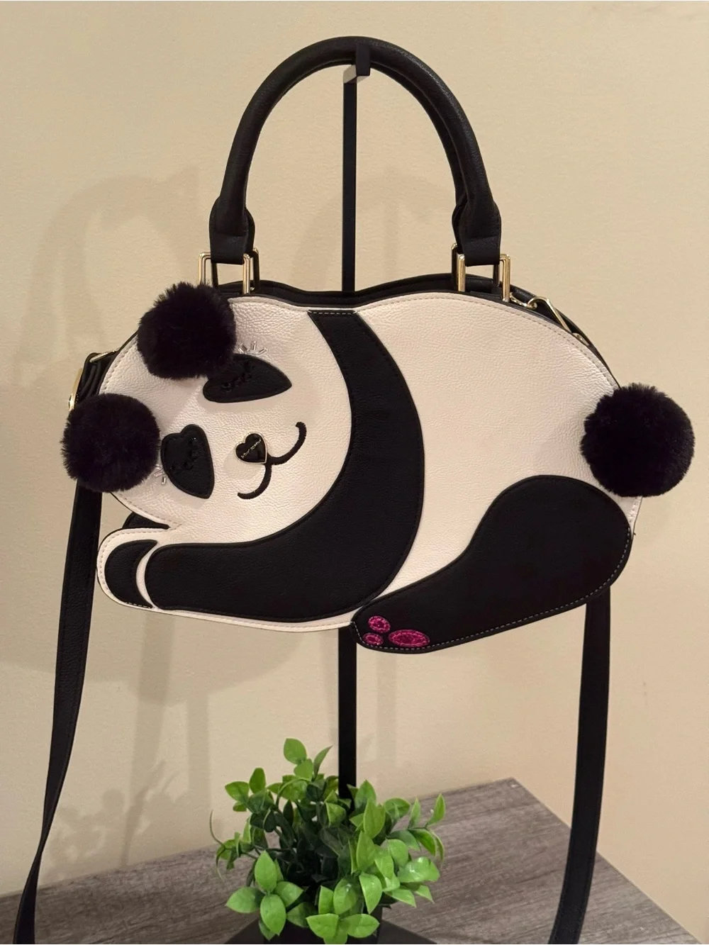Betsey Johnson Panda Satchel Crossbody Bag Pom Pom Novelty Purse Black White - Picture 1 of 16